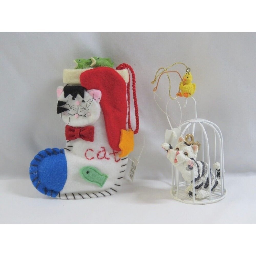 Vintage Dillards Cat Kitten Mischievous Christmas Ornaments Stocking Bird Cage